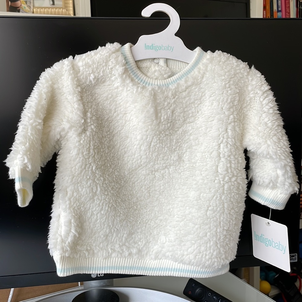 Indigo Baby white fuzzy sweater with baby blue detail